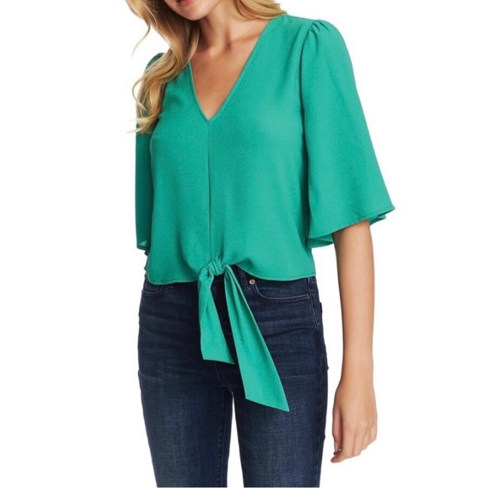 NWT Green 1 State Flutter Sleeve Front Tie Top